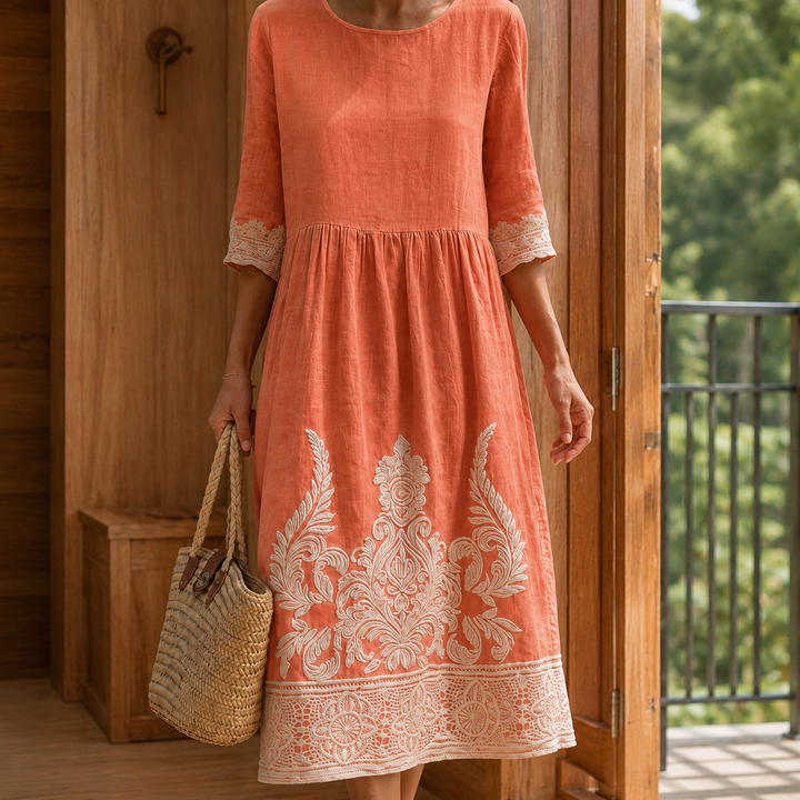 Evelyn | Classic Embroidered Midi Dress with Sleeves