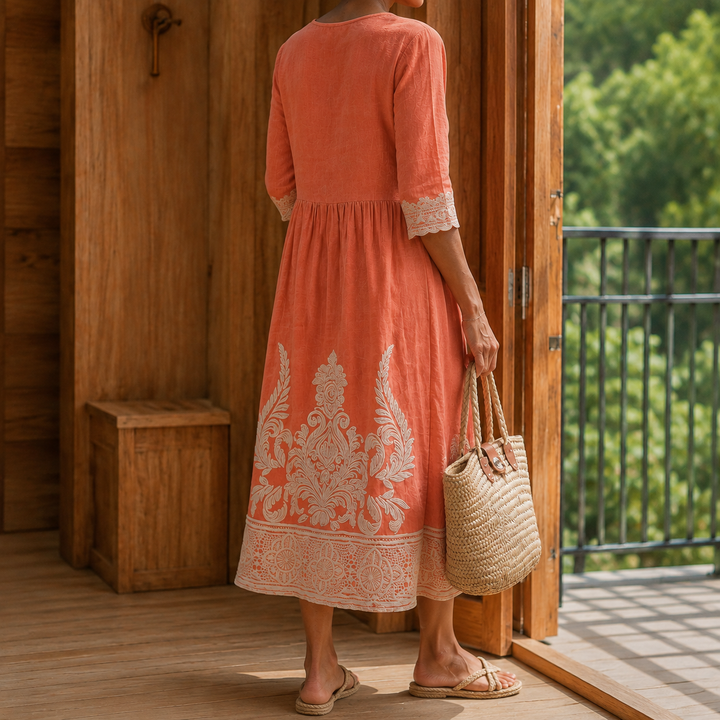 Evelyn | Classic Embroidered Midi Dress with Sleeves