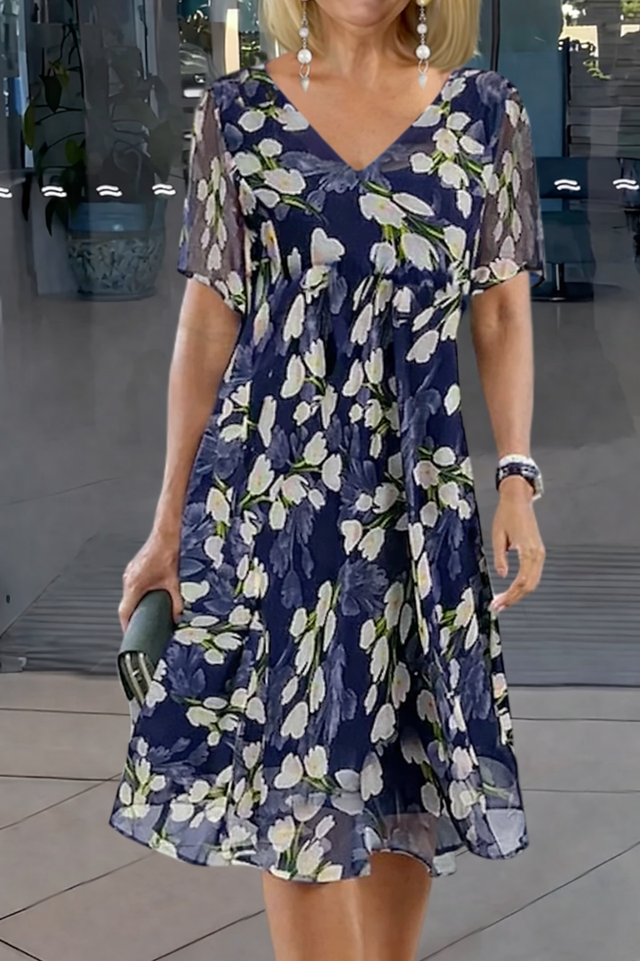 Evie | Classic Floral V-Neck Midi Dress with Sleeves