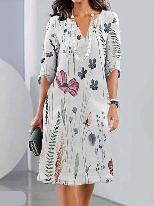 Evie | Classic Floral V-Neck Midi Dress with Sleeves