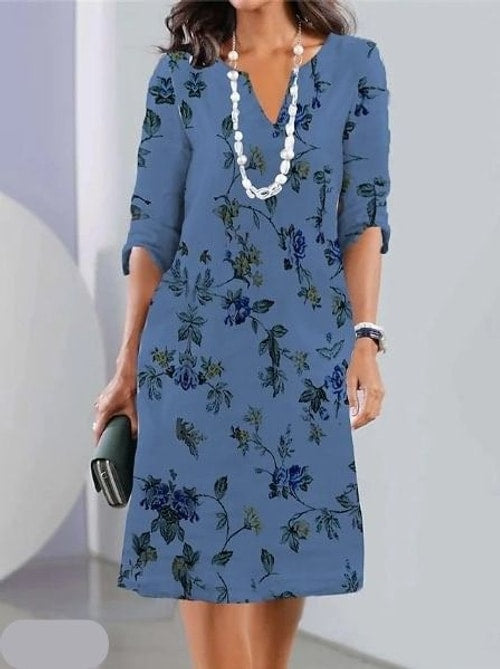 Evie | Classic Floral V-Neck Midi Dress with Sleeves