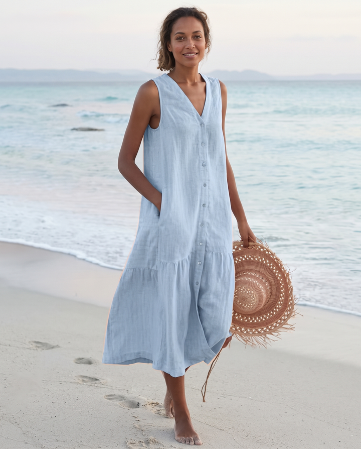 Frankie | Refined Sleeveless Tiered Midi Linen Dress