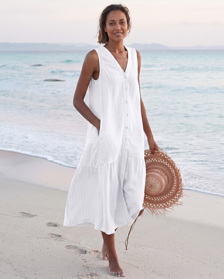 Frankie | Refined Sleeveless Tiered Midi Linen Dress
