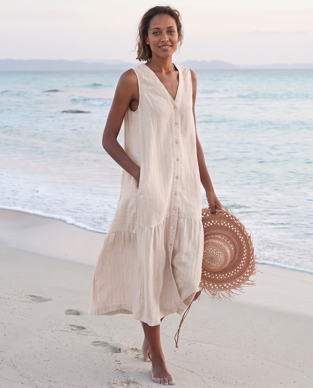 Frankie | Refined Sleeveless Tiered Midi Linen Dress