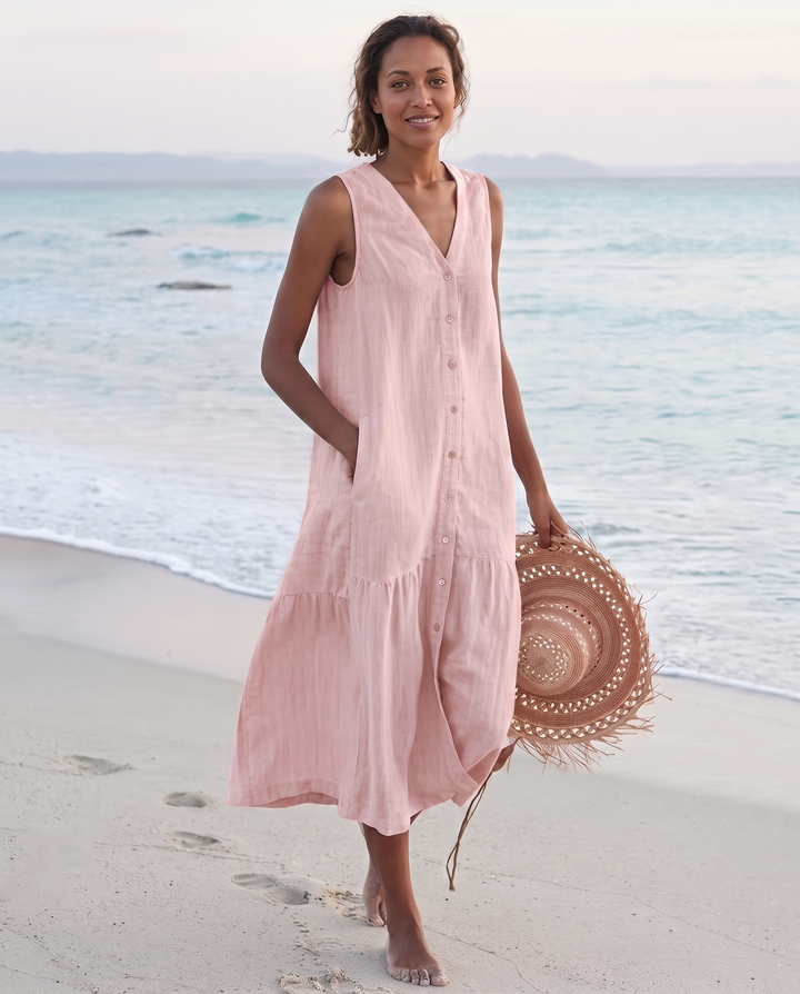 Frankie | Refined Sleeveless Tiered Midi Linen Dress