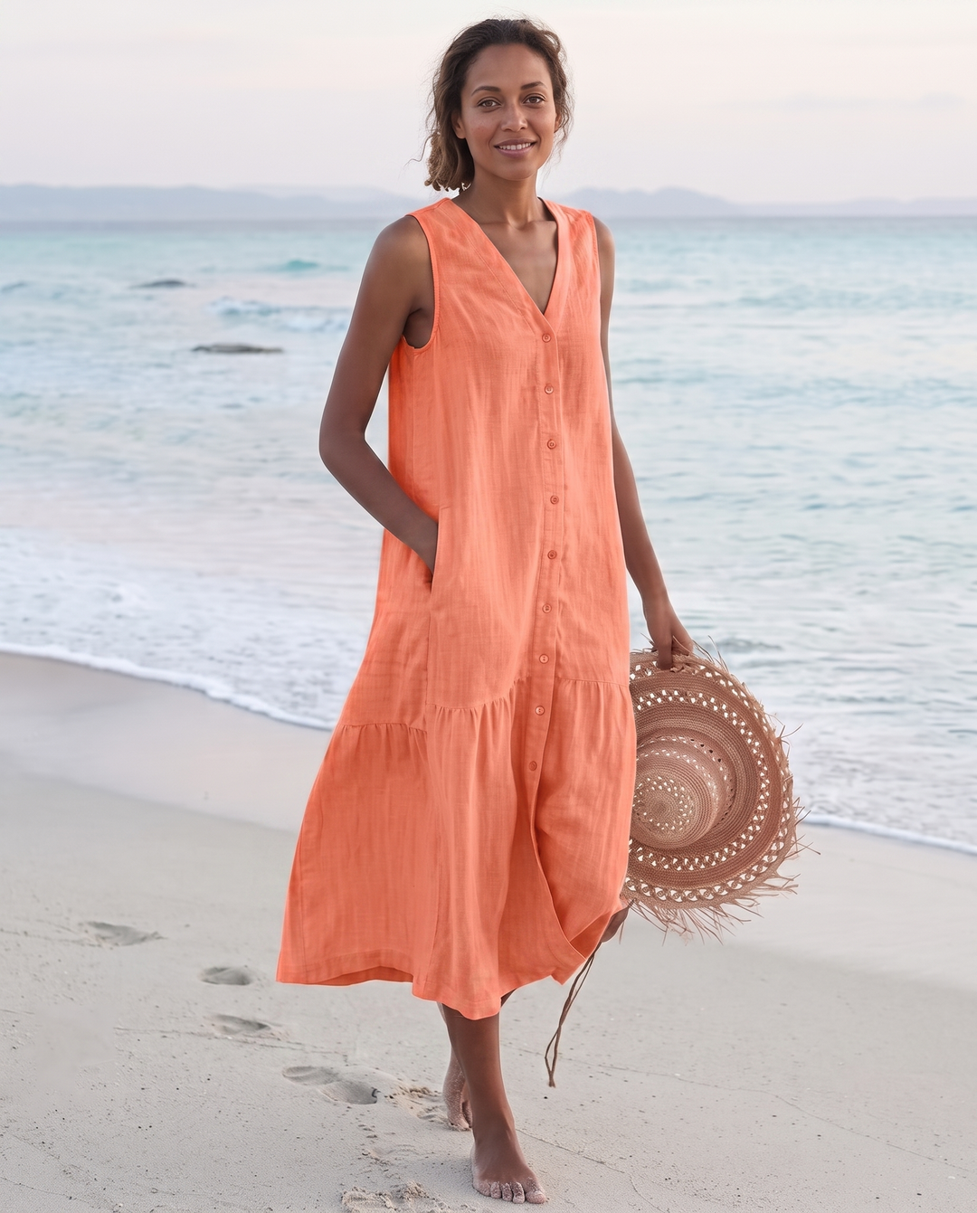 Frankie | Refined Sleeveless Tiered Midi Linen Dress