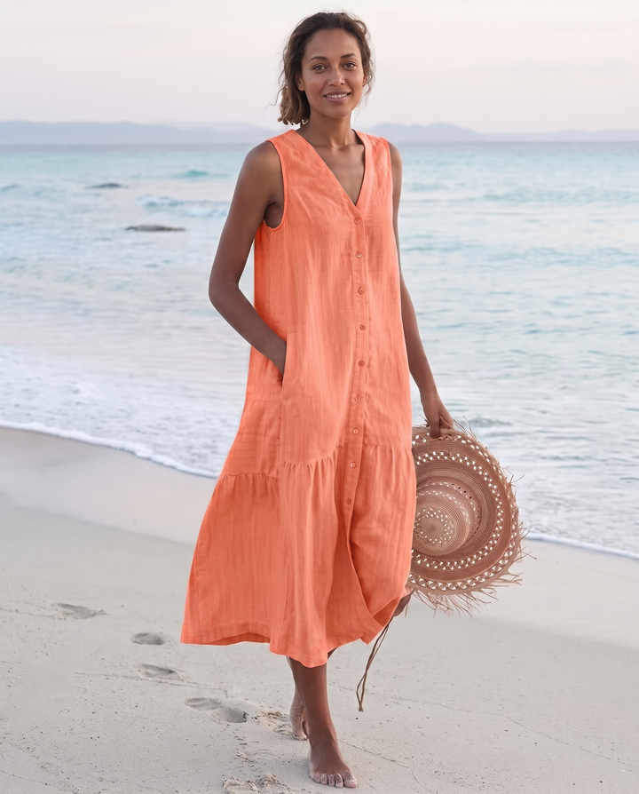 Frankie | Refined Sleeveless Tiered Midi Linen Dress