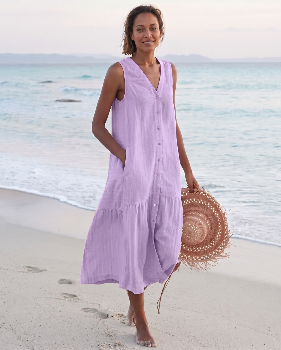 Frankie | Refined Sleeveless Tiered Midi Linen Dress