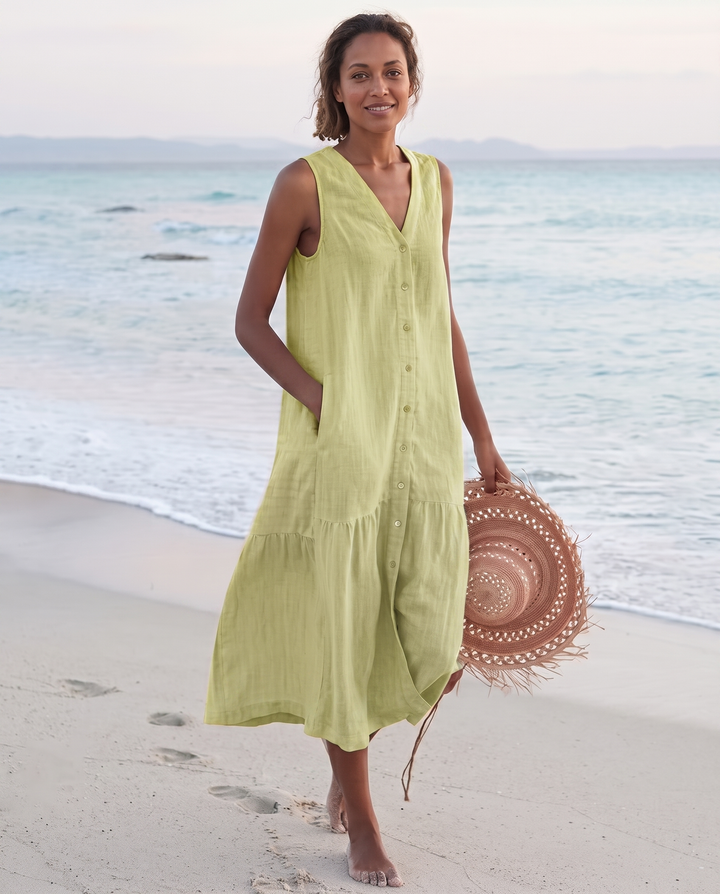 Frankie | Refined Sleeveless Tiered Midi Linen Dress