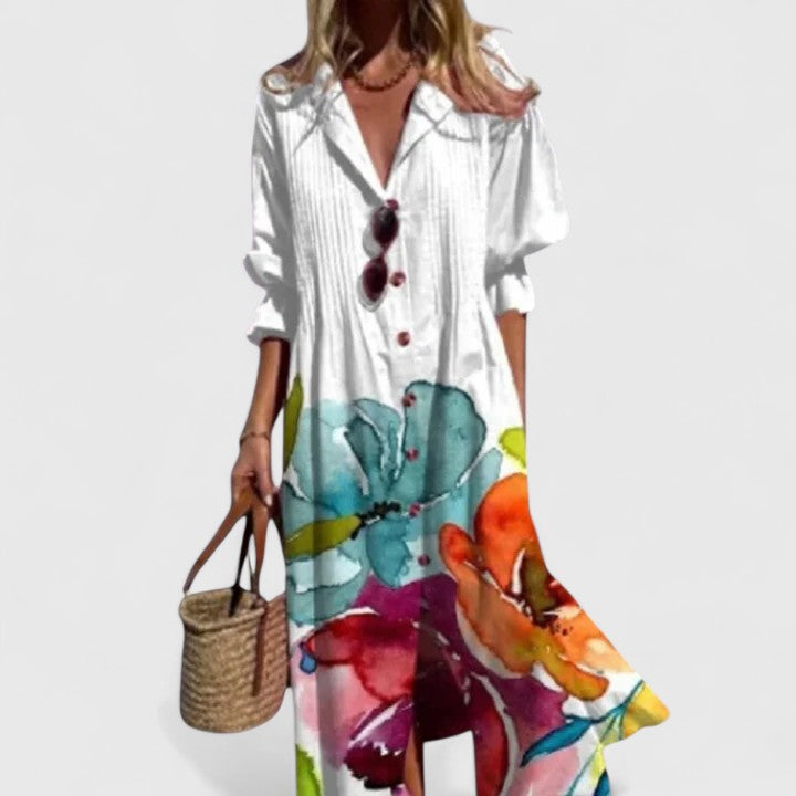 Grace | Floral Button-Front Midi Dress with Sleeves