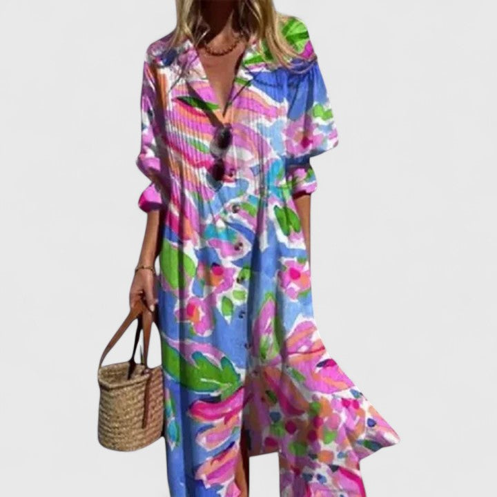 Grace | Floral Button-Front Midi Dress with Sleeves