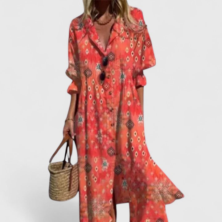 Grace | Floral Button-Front Midi Dress with Sleeves