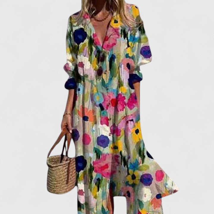 Grace | Floral Button-Front Midi Dress with Sleeves