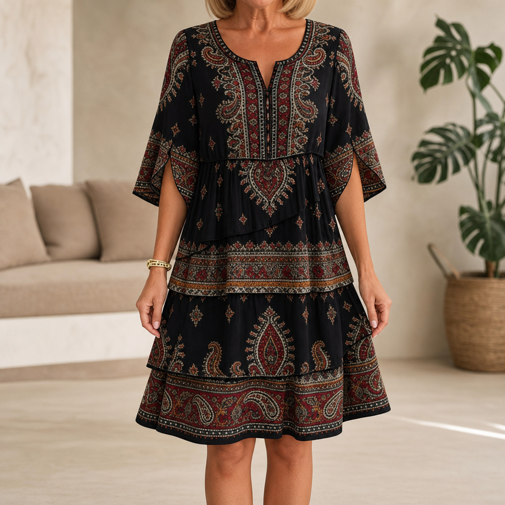 Hallie | Effortless Tiered Paisley Midi Dress with Sleeves