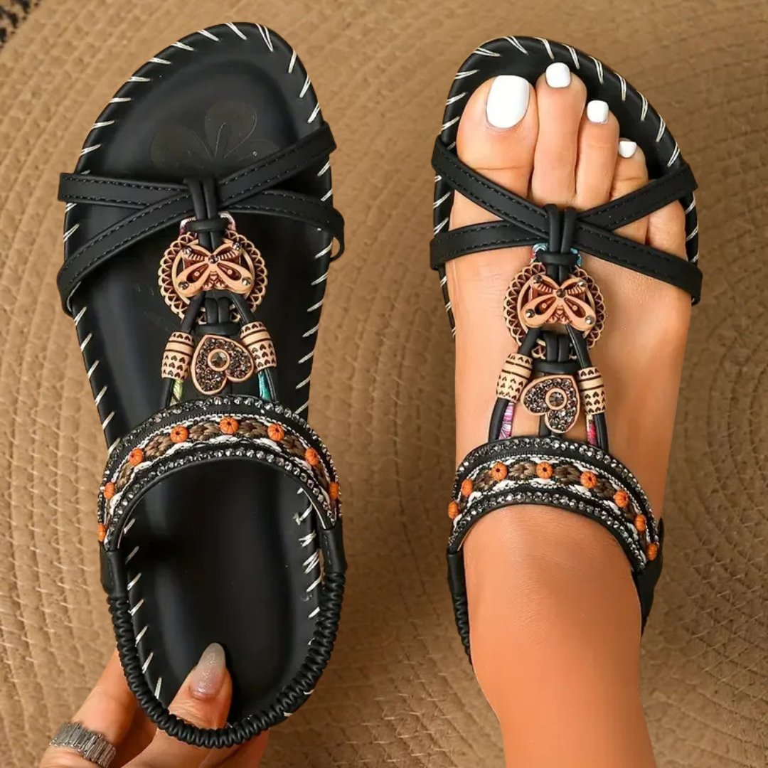 Hazel | Relaxed Beaded Boho Strappy Flat Sandals