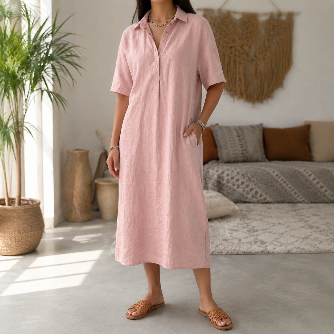 Lainey | Short Sleeve Collared Midi Linen Dress