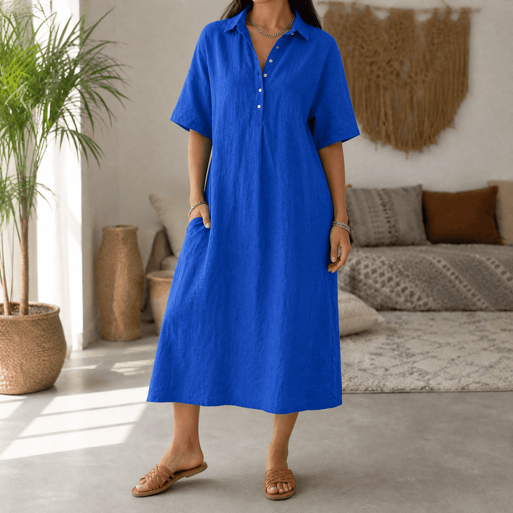 Lainey | Short Sleeve Collared Midi Linen Dress