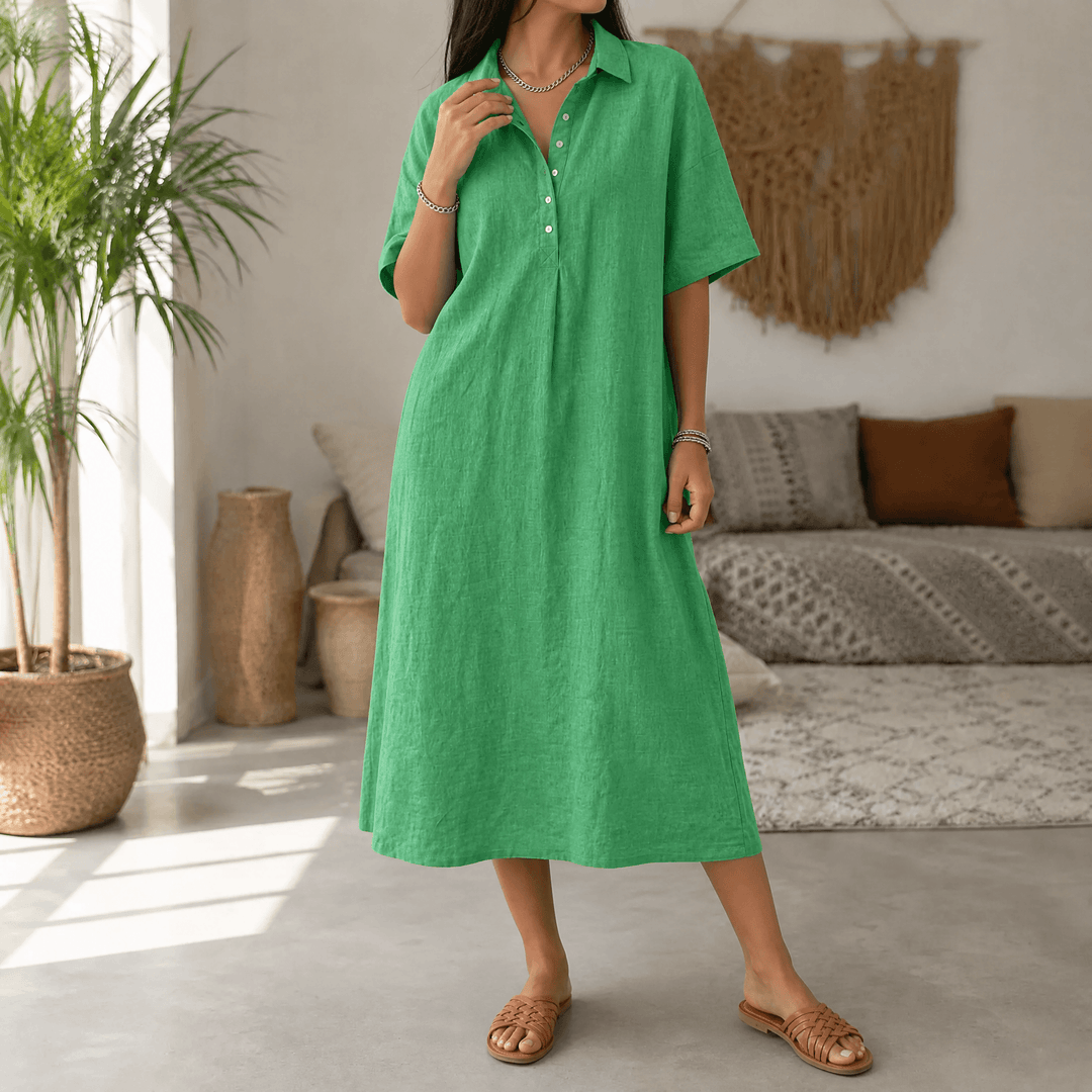 Lainey | Short Sleeve Collared Midi Linen Dress