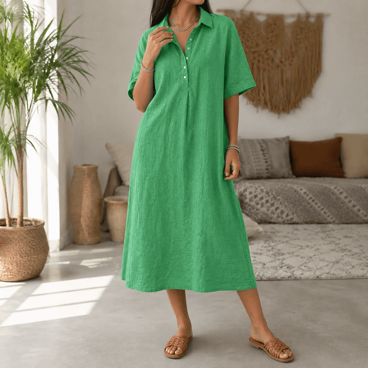 Lainey | Short Sleeve Collared Midi Linen Dress