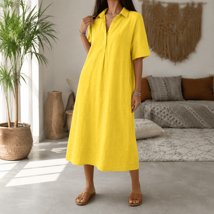 Lainey | Short Sleeve Collared Midi Linen Dress