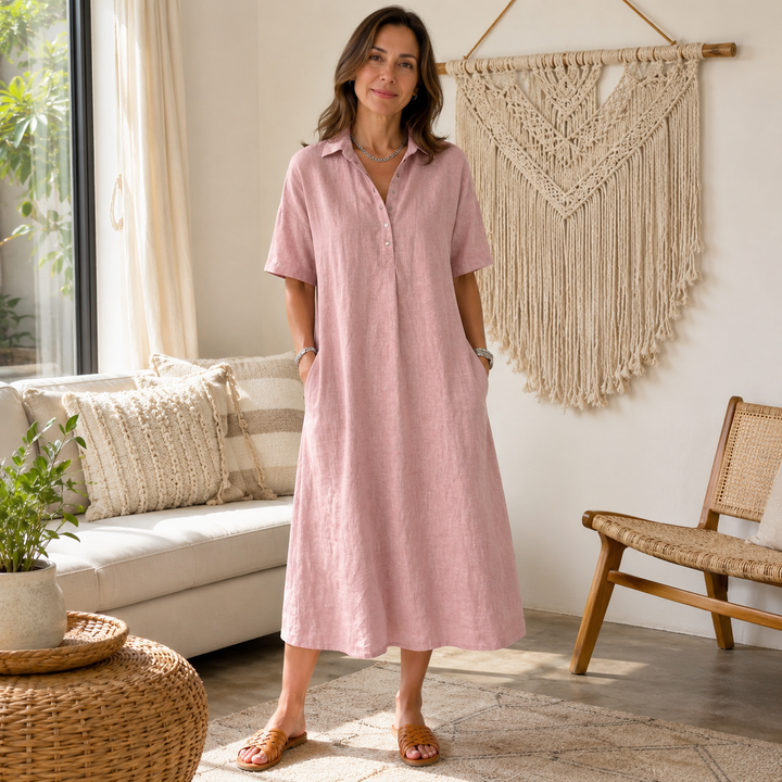 Lainey | Short Sleeve Collared Midi Linen Dress