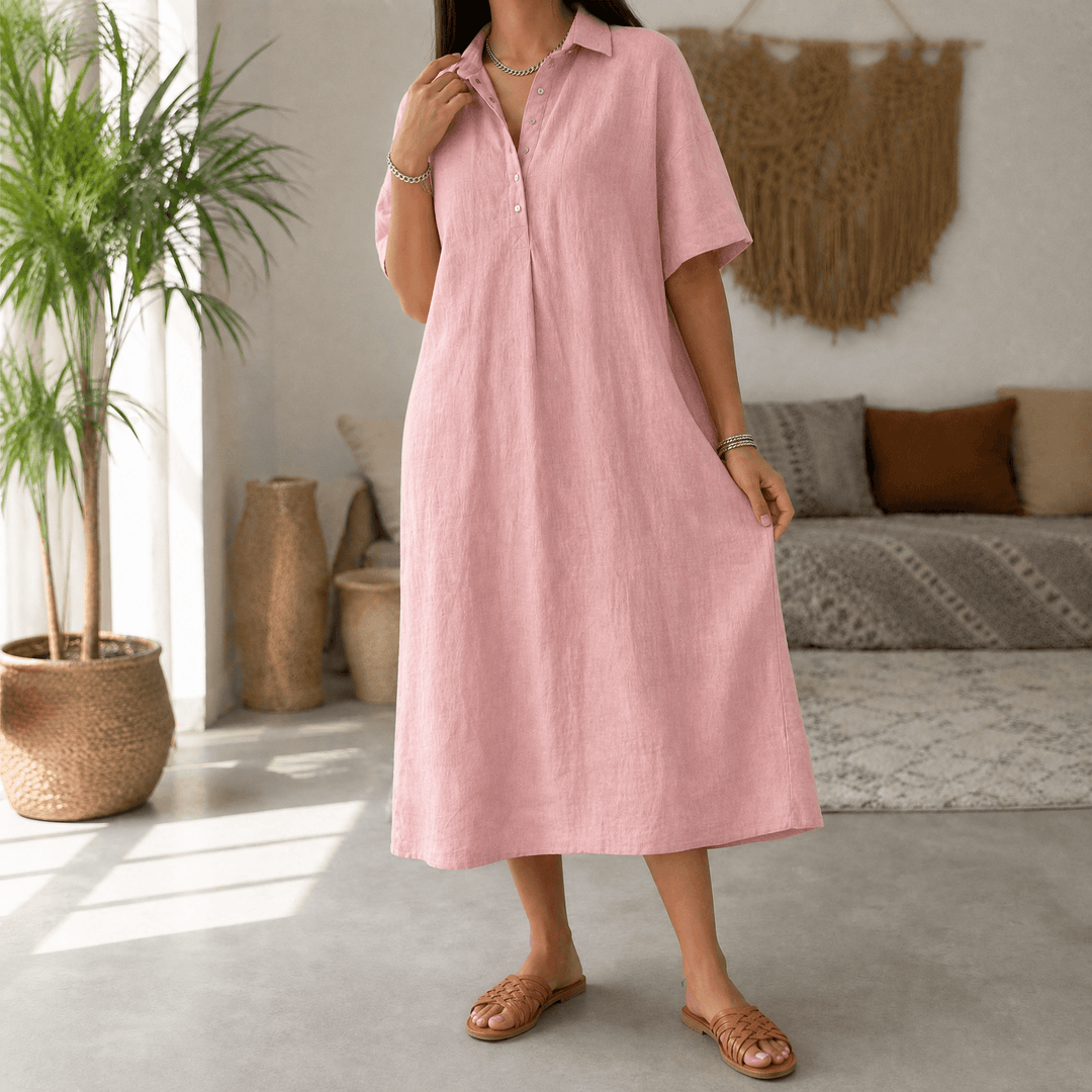 Lainey | Short Sleeve Collared Midi Linen Dress