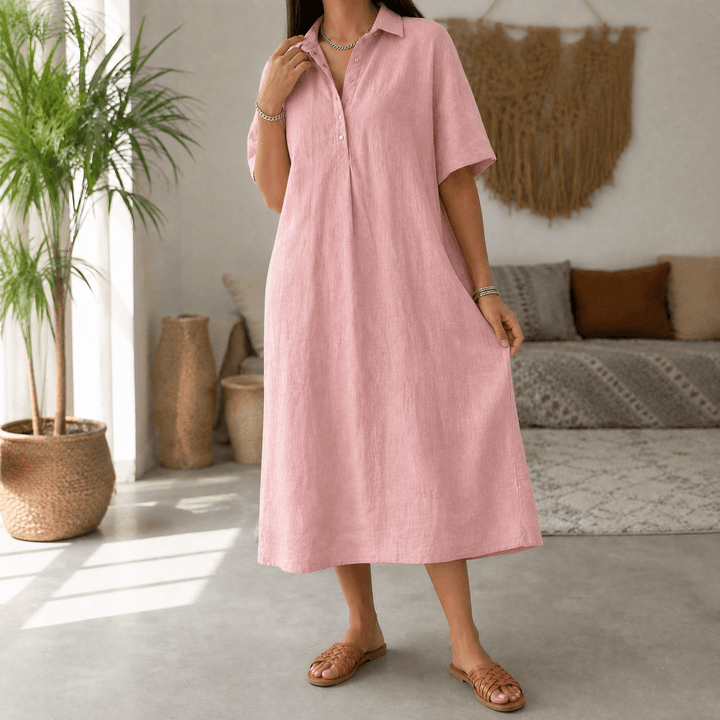 Lainey | Short Sleeve Collared Midi Linen Dress