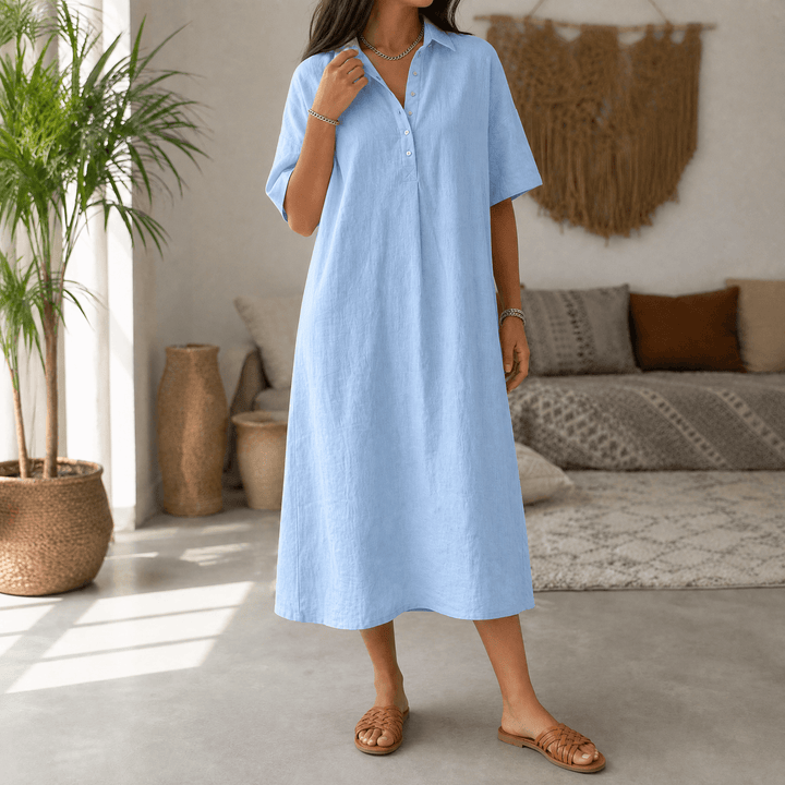 Lainey | Short Sleeve Collared Midi Linen Dress