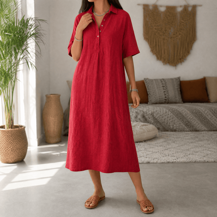 Lainey | Short Sleeve Collared Midi Linen Dress