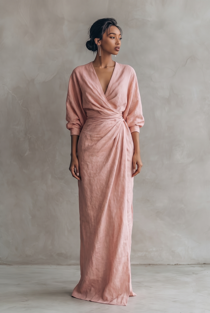 Layla | Graceful V-Neck Wrap Maxi Linen Dress