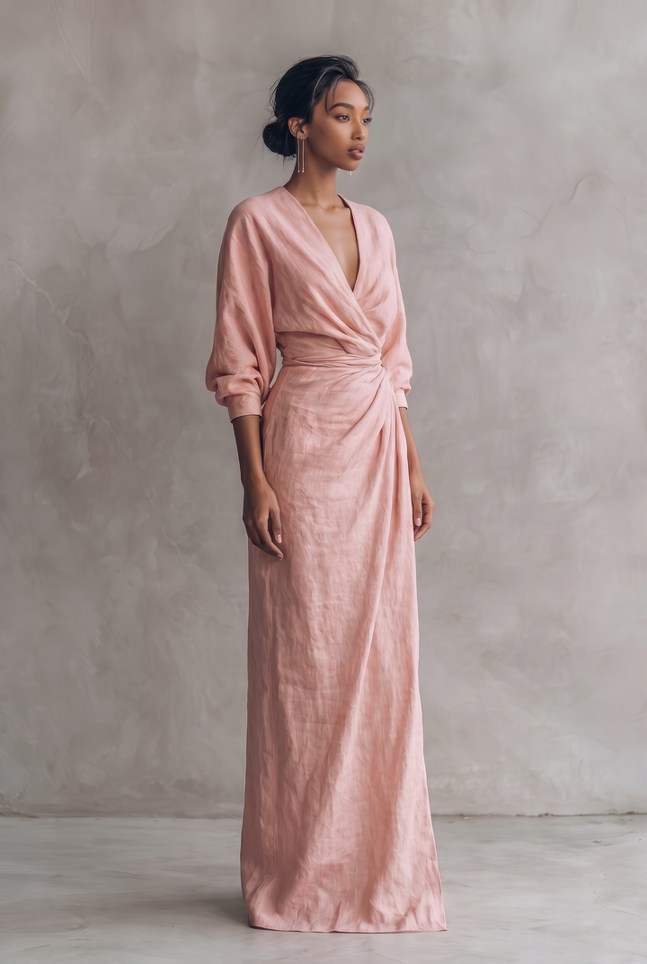 Layla | Graceful V-Neck Wrap Maxi Linen Dress