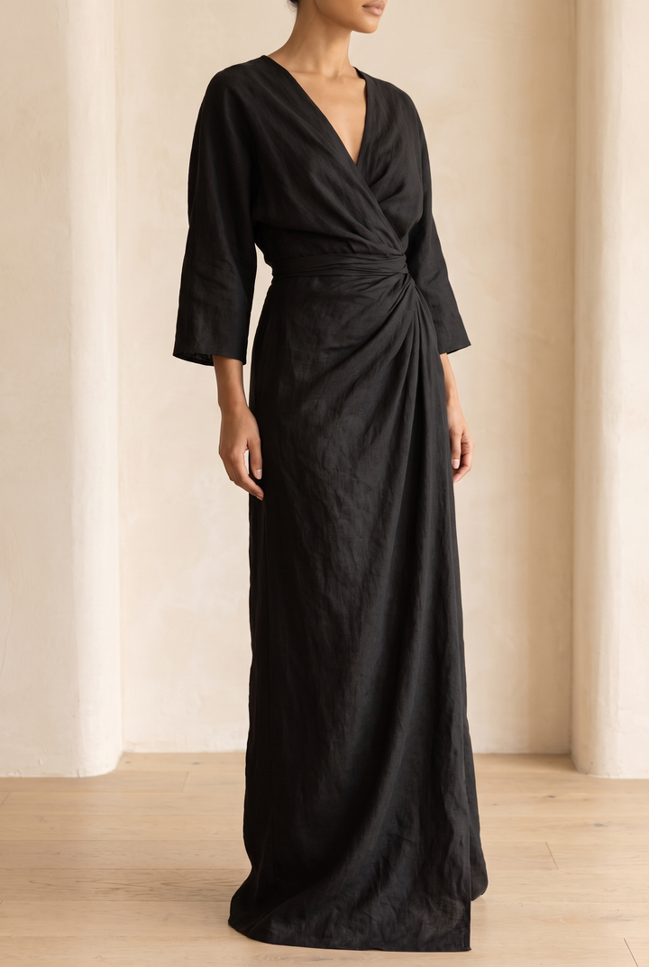 Layla | Graceful V-Neck Wrap Maxi Linen Dress