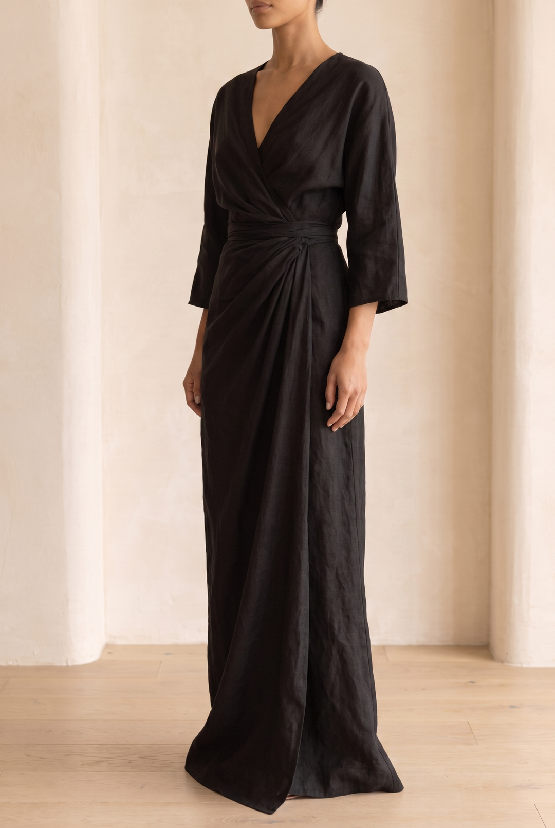 Layla | Graceful V-Neck Wrap Maxi Linen Dress
