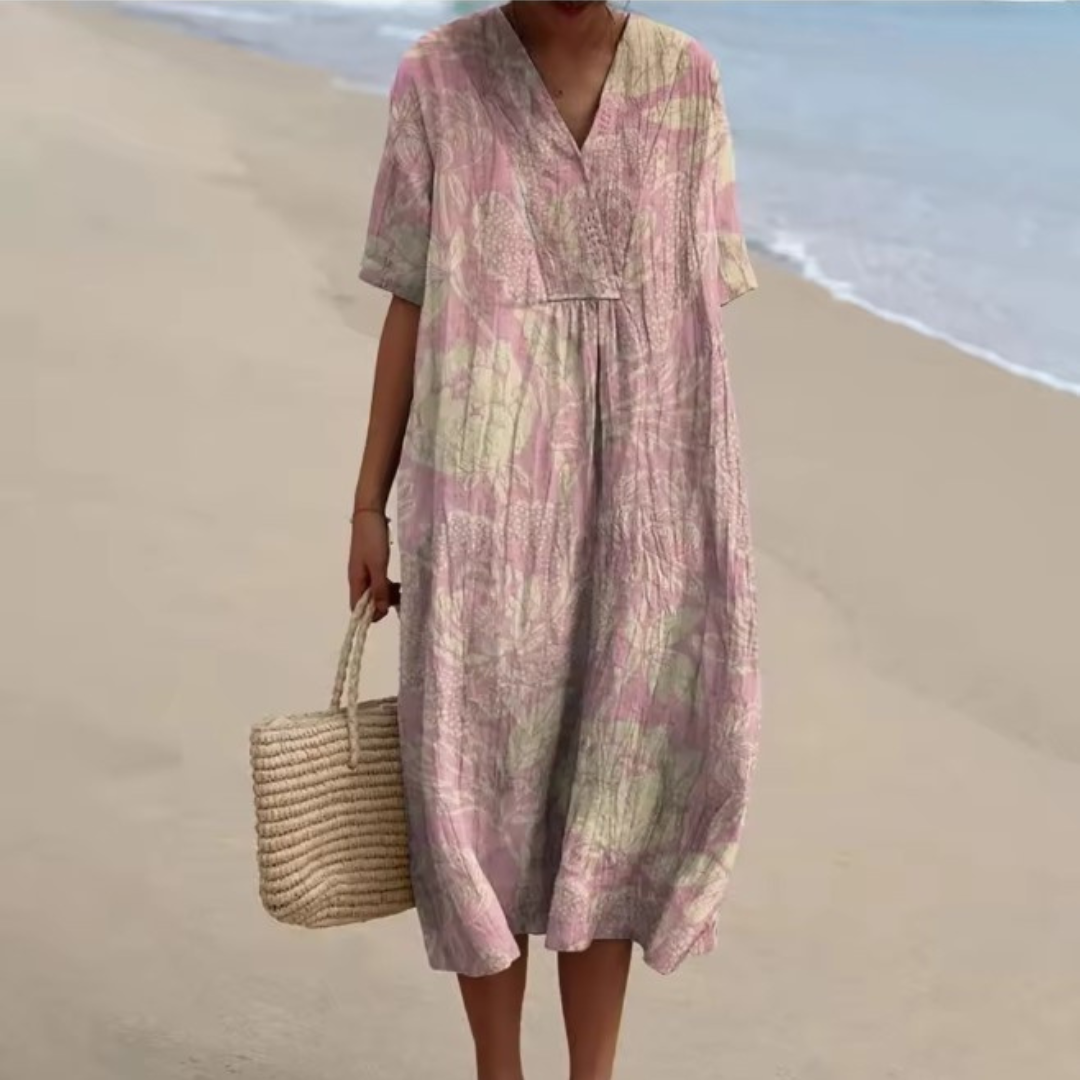 Lyla | Floral V-Neck Short Sleeve Midi Linen Dress