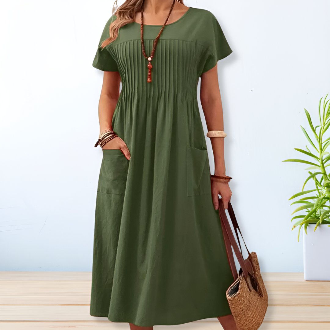 Lyla | Pleated A-Line Midi Dress with Sleeves