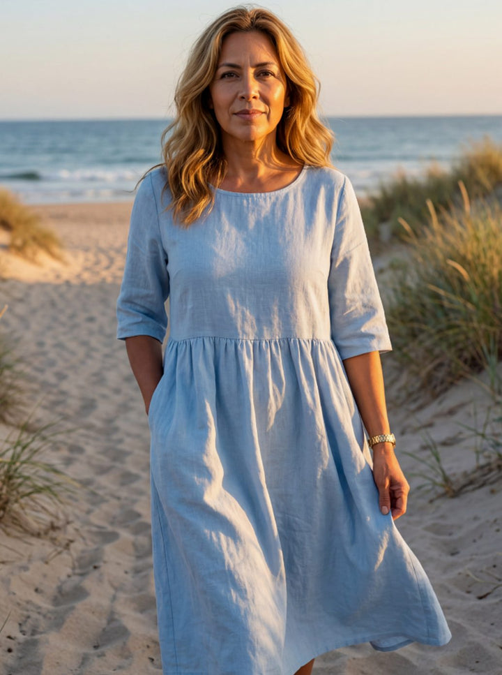 Matilda | Refined Gathered A-Line Midi Dress with Sleeves