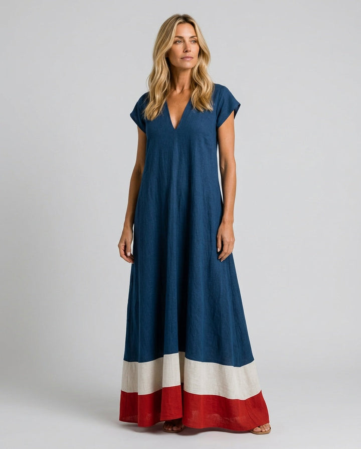 Mila | Polished Contrast Hem V-Neck Maxi Linen Dress