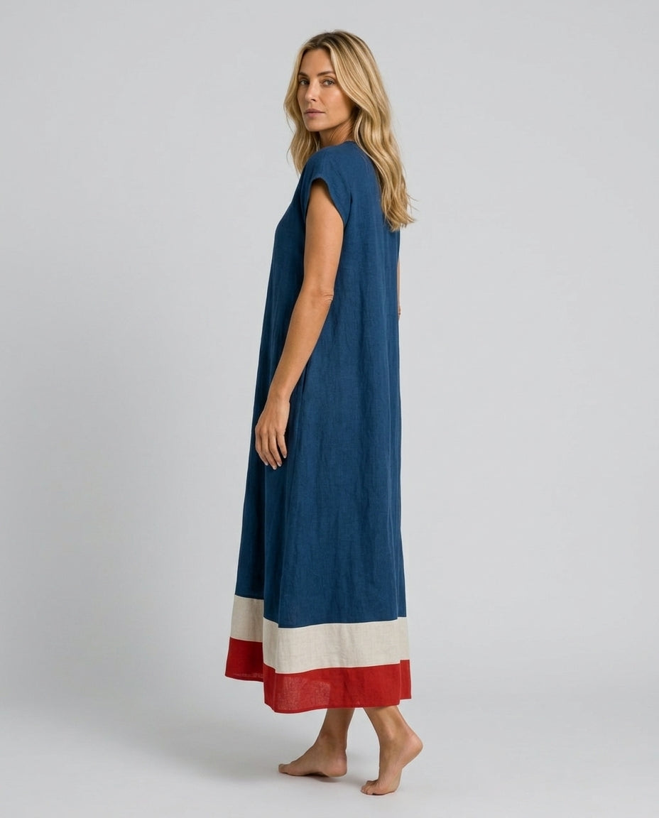 Mila | Polished Contrast Hem V-Neck Maxi Linen Dress