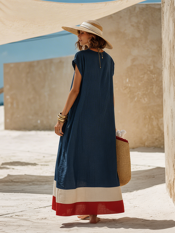 Mila | Polished Contrast Hem V-Neck Maxi Linen Dress