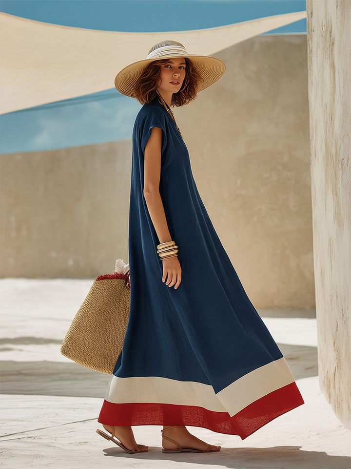 Mila | Polished Contrast Hem V-Neck Maxi Linen Dress