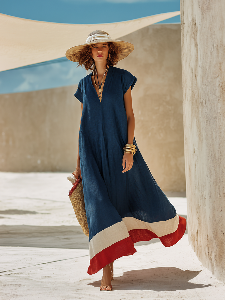 Mila | Polished Contrast Hem V-Neck Maxi Linen Dress
