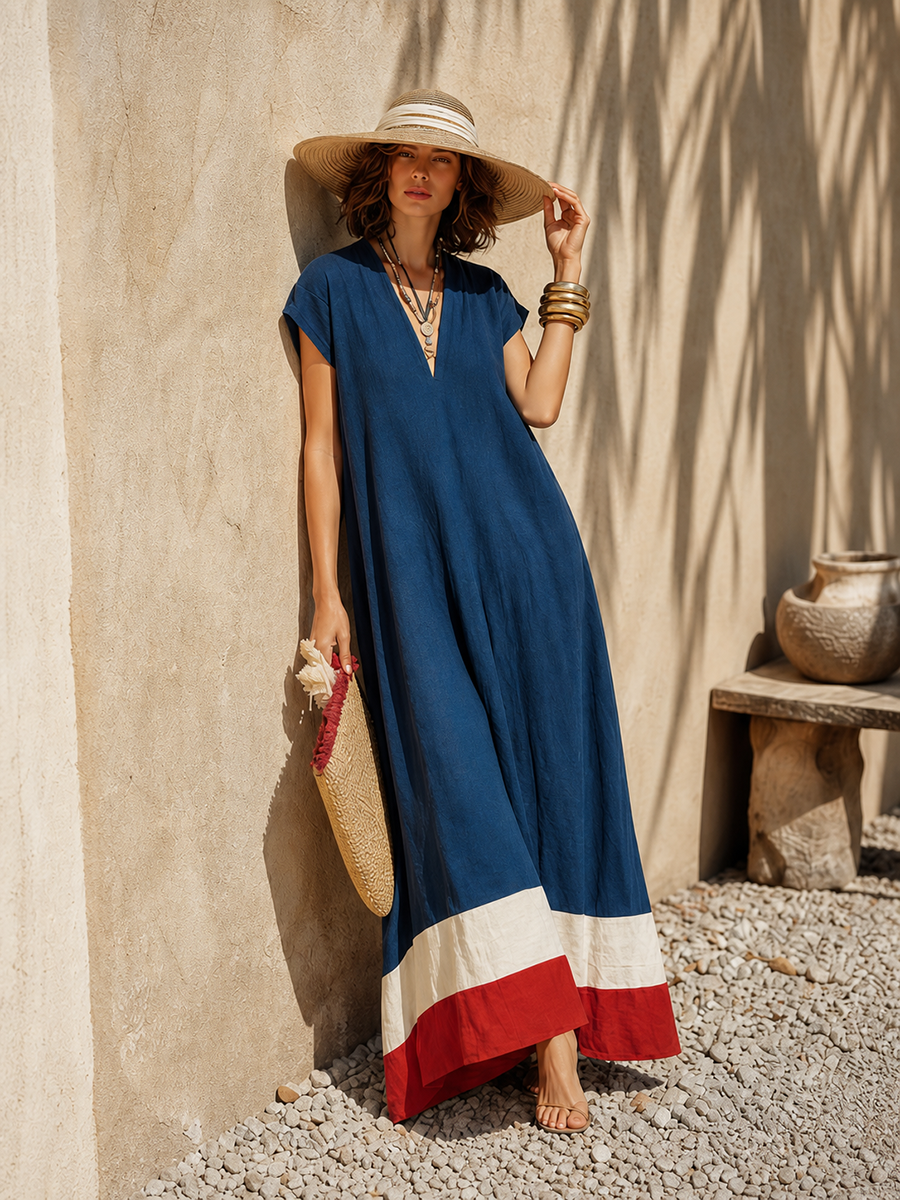 Mila | Polished Contrast Hem V-Neck Maxi Linen Dress