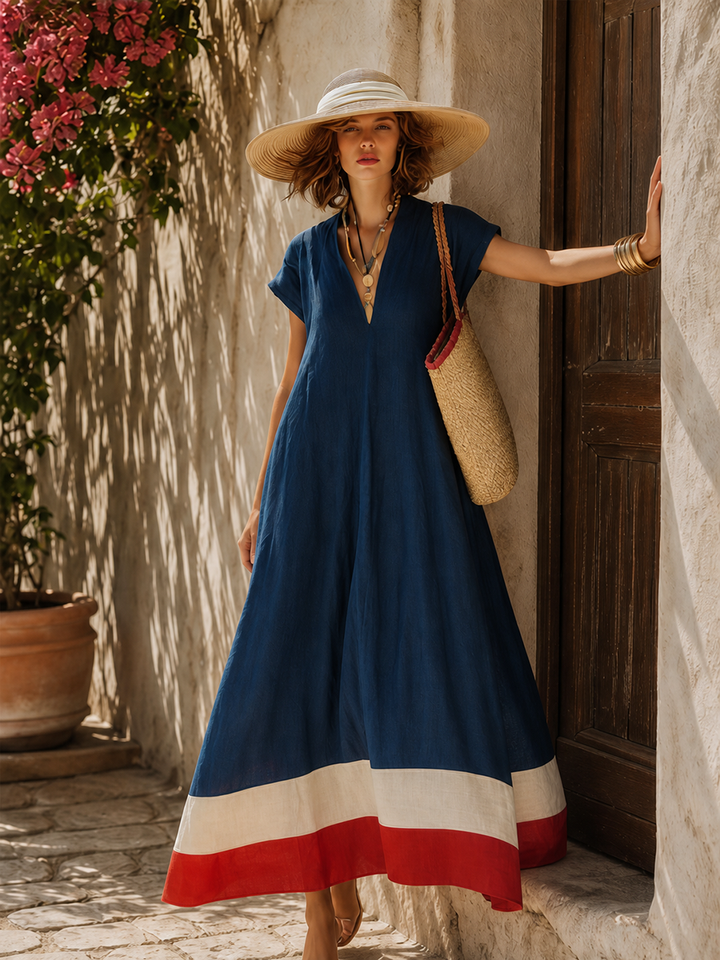 Mila | Polished Contrast Hem V-Neck Maxi Linen Dress