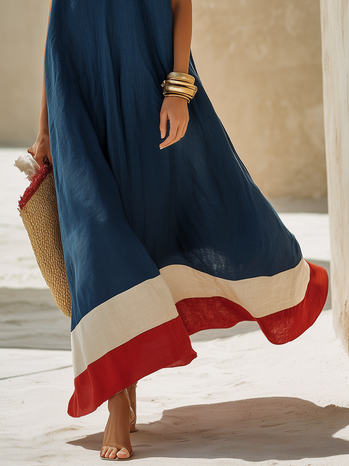 Mila | Polished Contrast Hem V-Neck Maxi Linen Dress