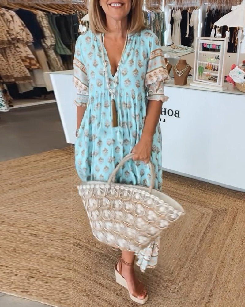 Phoebe | Classic Printed V-Neck Maxi Linen Dress