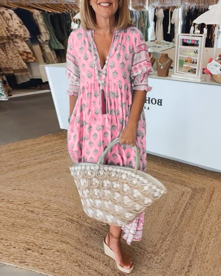 Phoebe | Classic Printed V-Neck Maxi Linen Dress