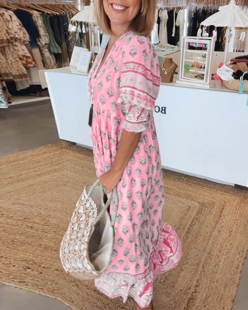 Phoebe | Classic Printed V-Neck Maxi Linen Dress