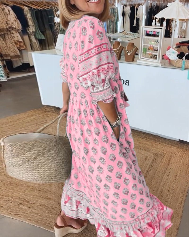 Phoebe | Classic Printed V-Neck Maxi Linen Dress