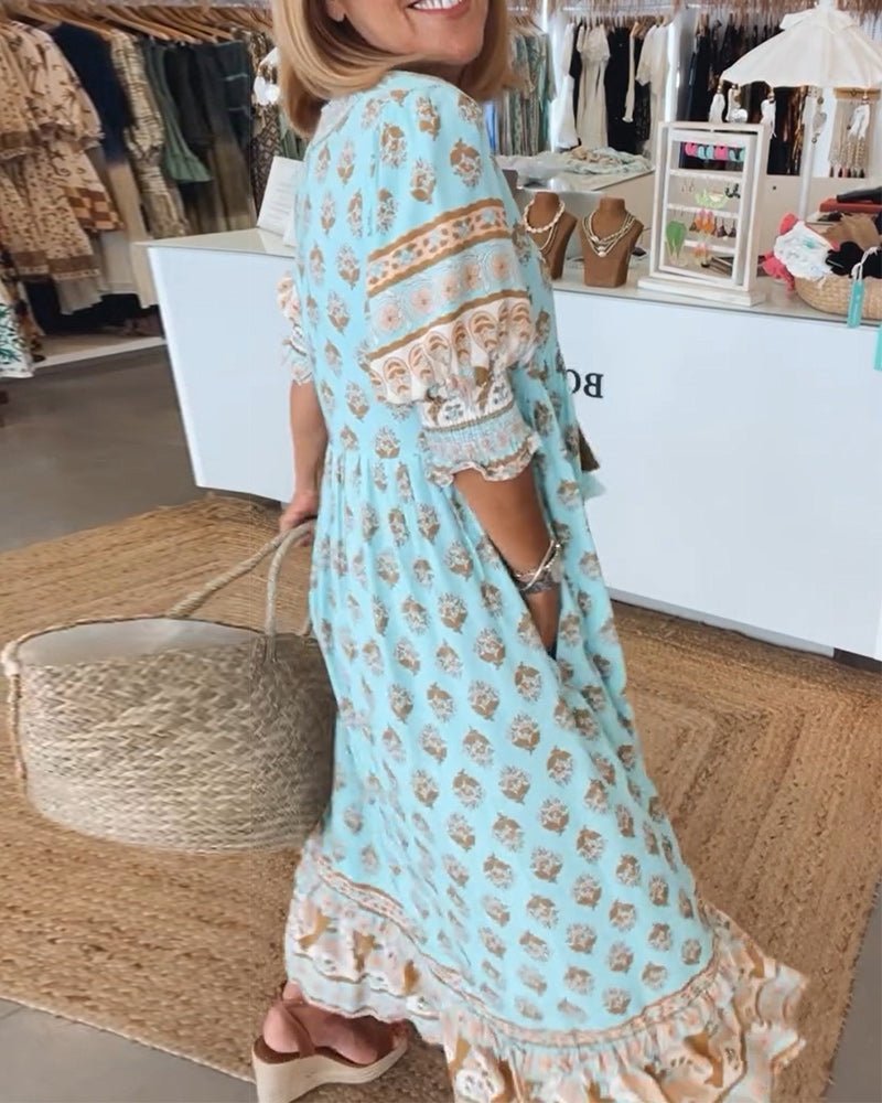 Phoebe | Classic Printed V-Neck Maxi Linen Dress