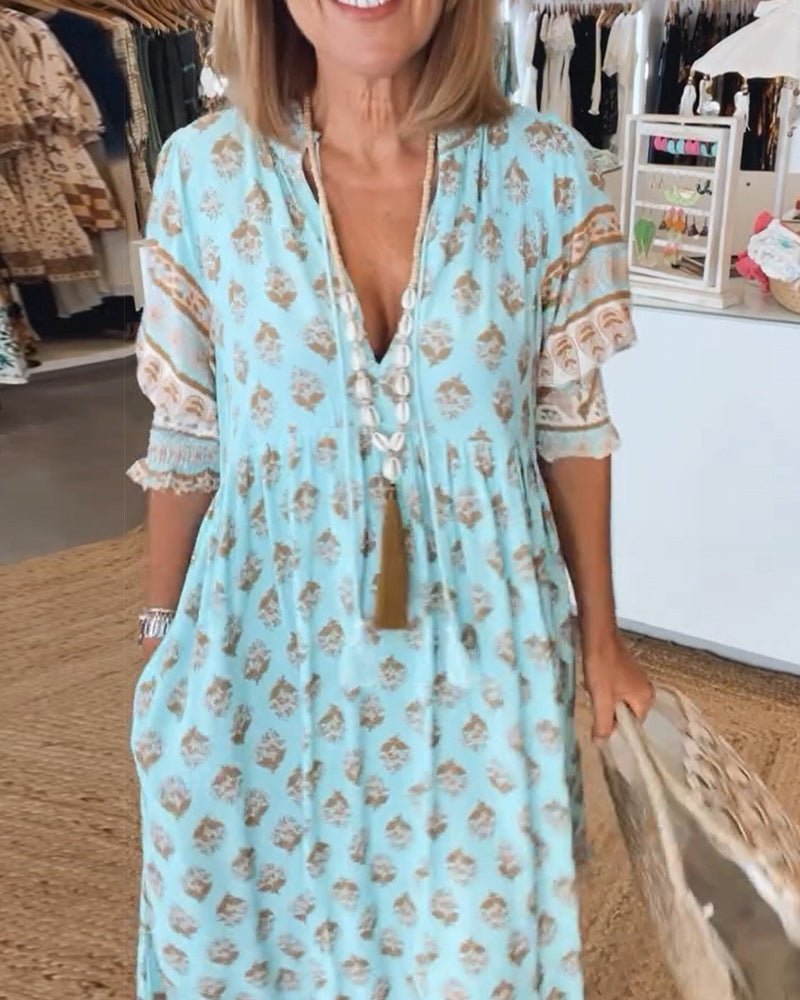 Phoebe | Classic Printed V-Neck Maxi Linen Dress